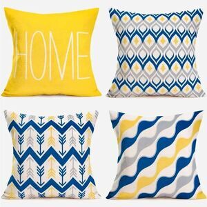 Geometric Set of 4 Throw Pillow Covers Blue Yellow Grey NEW